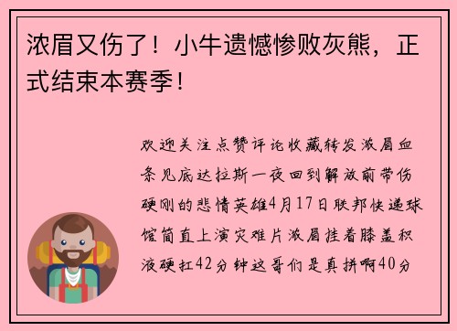 浓眉又伤了！小牛遗憾惨败灰熊，正式结束本赛季！